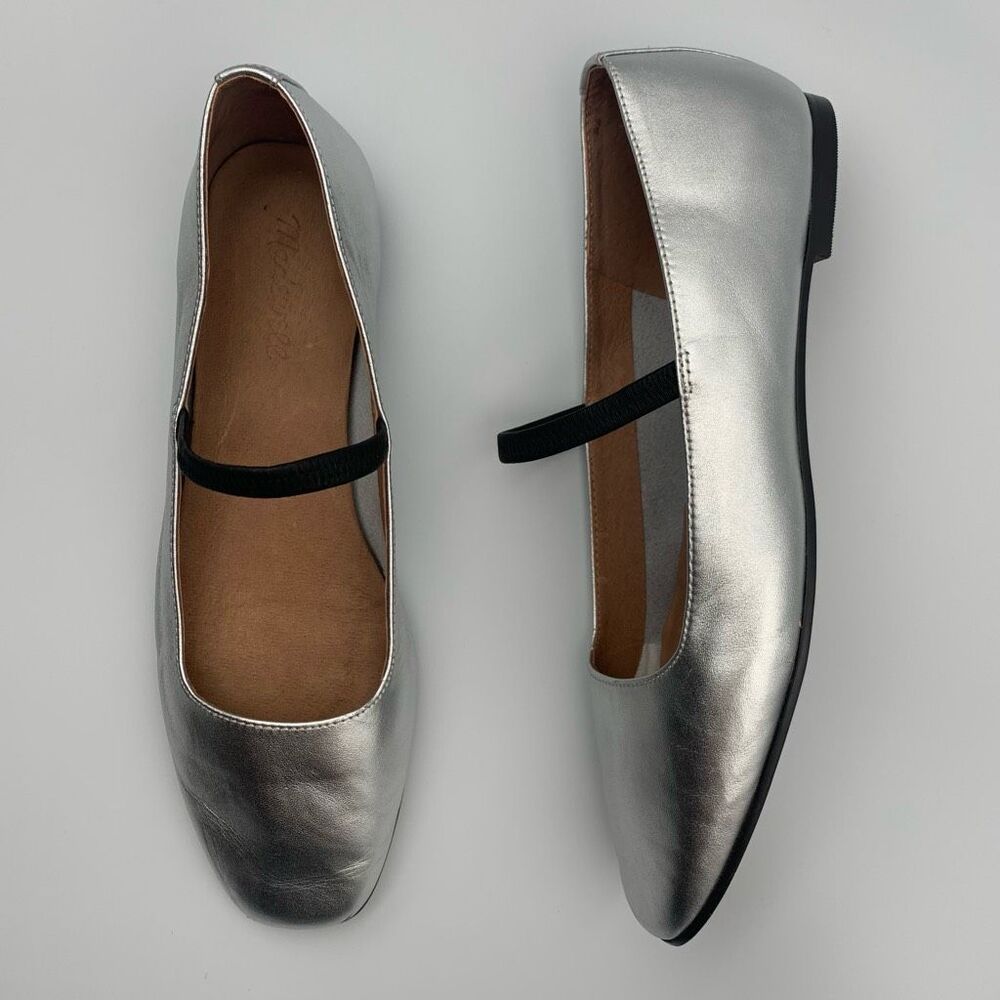 Madewell Silver Mary Jane Flats with Black Strap - Picture 11 of 12